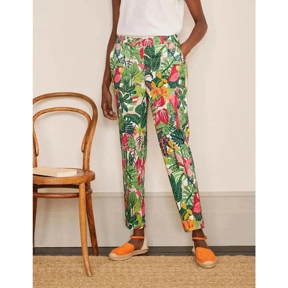Boden Danby Pull On Pants Women's 6 Green Yellow Pink Paradise Jungle Palm Leaf - Picture 2 of 8